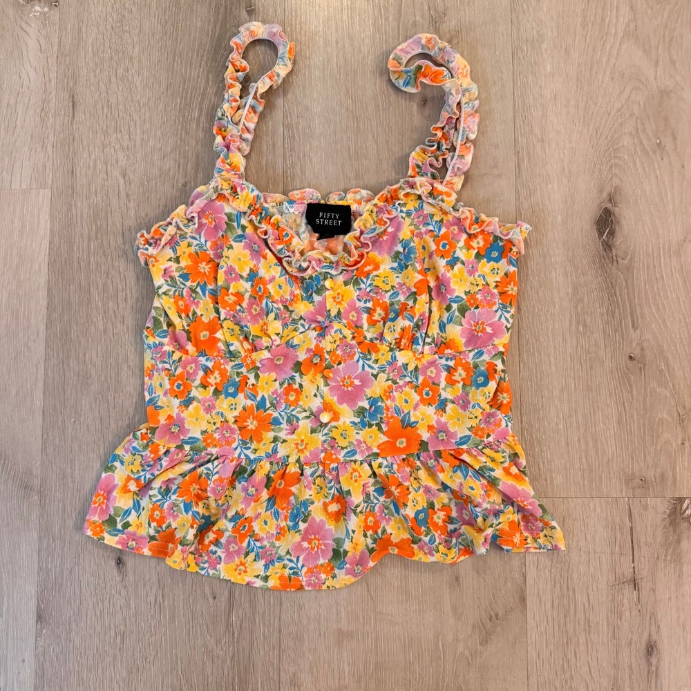 Fifty Street Floral Ruffle Peplum Camisole Top Orange Pink Yellow Blue